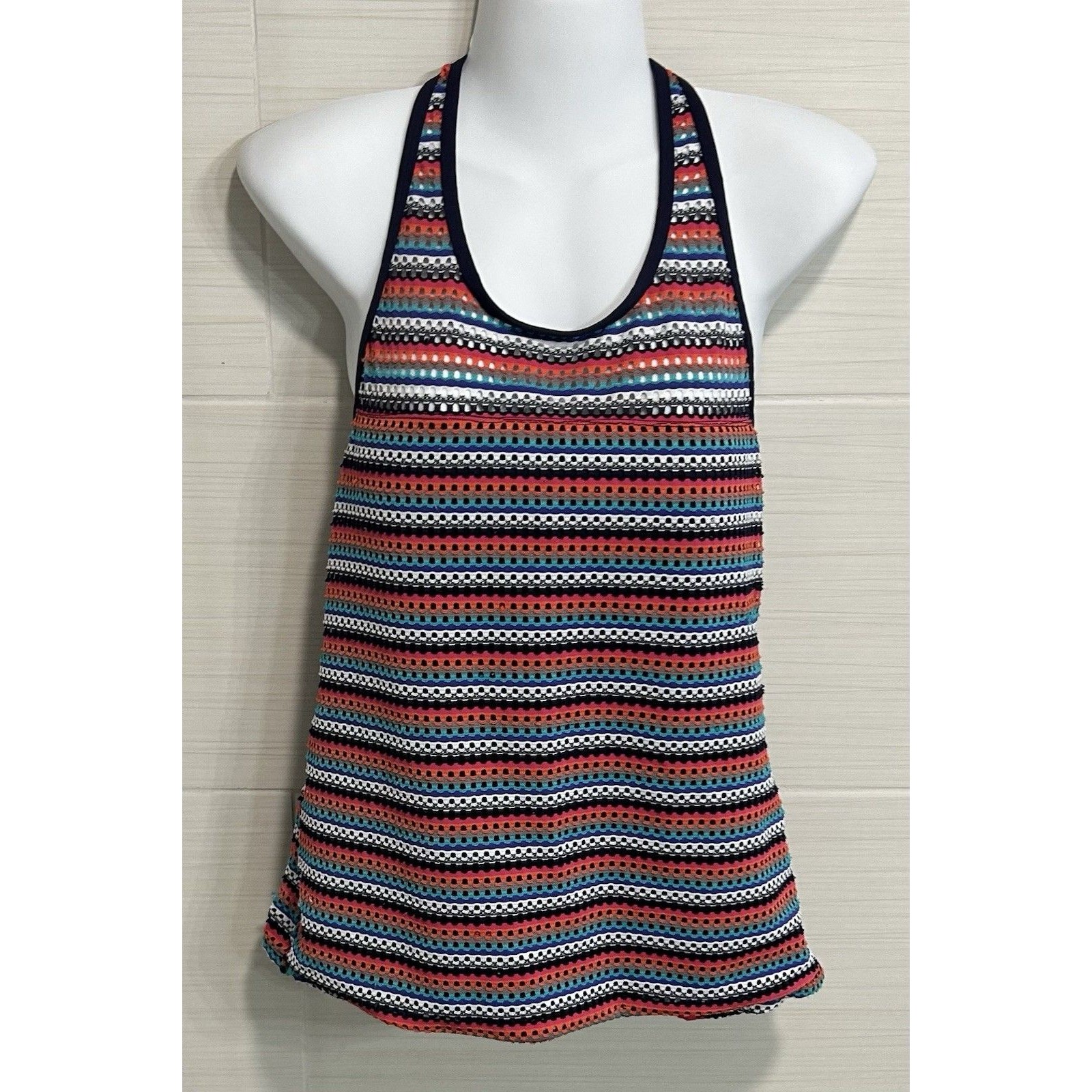 Anne Cole Crochet Style Vibrant Multicolor Striped Halter Tankini, Fits L-Xl
